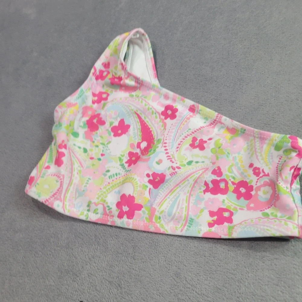 Crown & Ivy Swim Tops Girls Size 5 Pink Green Paisley Striped‎ One Shoulder 2pc